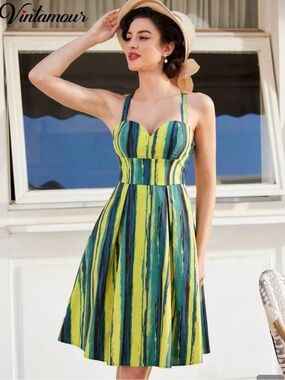 SHEIN Yellow & Teal Striped Midi Sundress